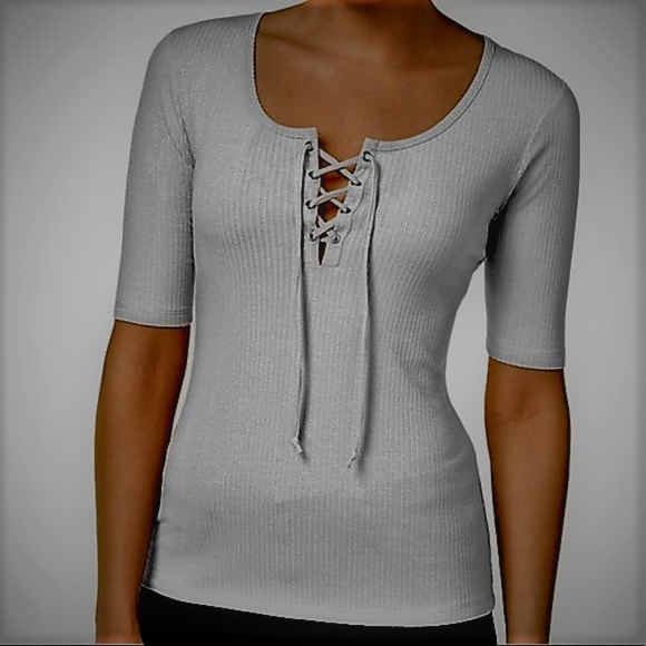 Ultra Flirt Tops - Rib-Knit Lace-Up T-Shirt Heather Gray